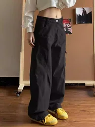 Black Retro Straight Leg Casual Workwear Jeans Women's American High Street Vibe Design Slim Wide Leg Pants