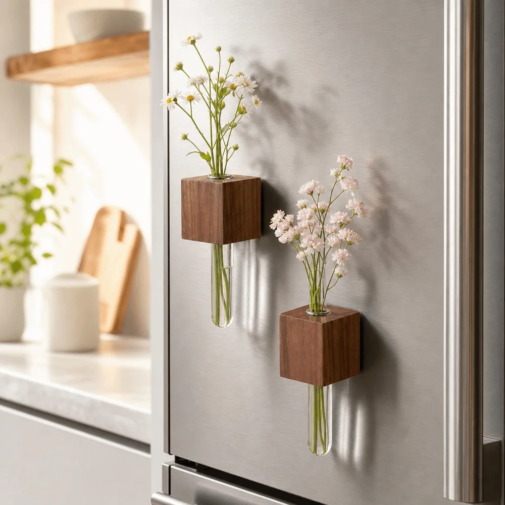 Wooden Test Tube Vase Mini Bonsai French Country Style Refrigerator Vase Decorative Fresh Flower Display Simulation Flower Vase