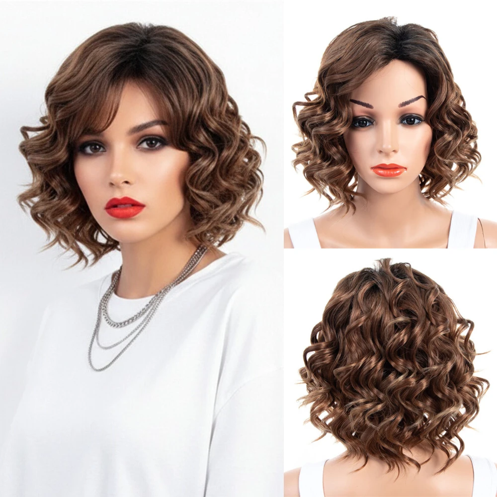 

MSIWIGS Women Short Synthetic Brown Daily Wear Wigs Side Part Line Curly Wig For Party High Tempreture Fiber