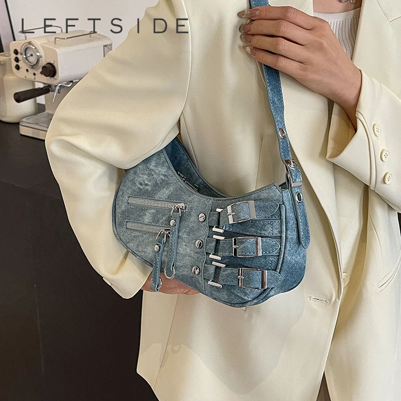 

LEFTSIDE Belt Buckle Crossbody Bags for Women 2024 Korean Fashion Y2K Small PU Leather Underarm Bag Female Handbags and Purses