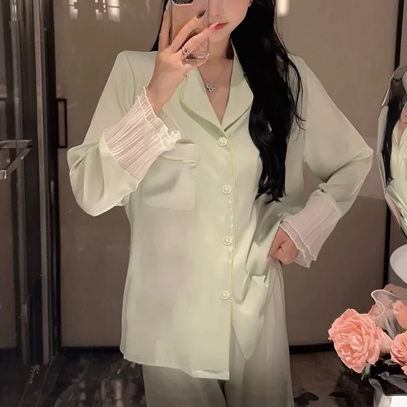 Women's Pajamas Sets Spring Autumn 2 Piece Green Pyjama Buttons Faux Silk Satin Sleepwear Long Sleeve Pijama Mujer Pjs Homewear