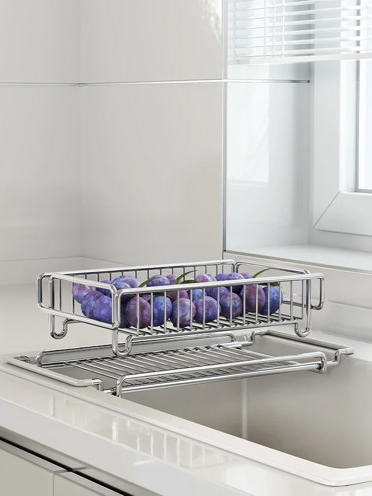 Stainless steel kitchen telescopic frame sink for washing fruits and vegetables, basket, bowl, plate, water cup storage rack