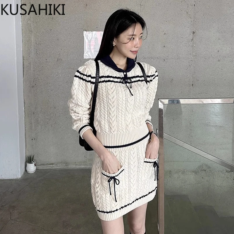 KUSAHIKI Korean Chic Autumn Retro Contrast Color Long Sleeve Fried Dough Twists Knitwear + Hip Wrap Skirt Two Pieces Set