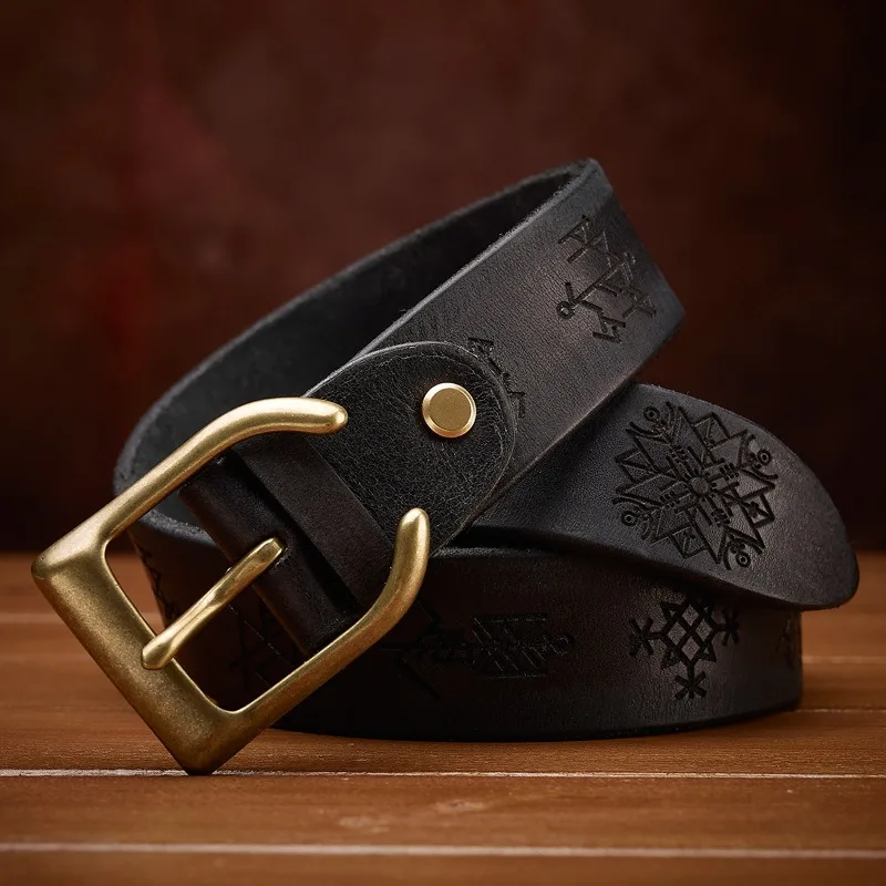 اضافية سميكة جلد البقر شخصية النحاس القرن على شكل مشبك رئيس حزام رجالي الرجعية النقش محظوظ رمز حزام البنطال الجينز