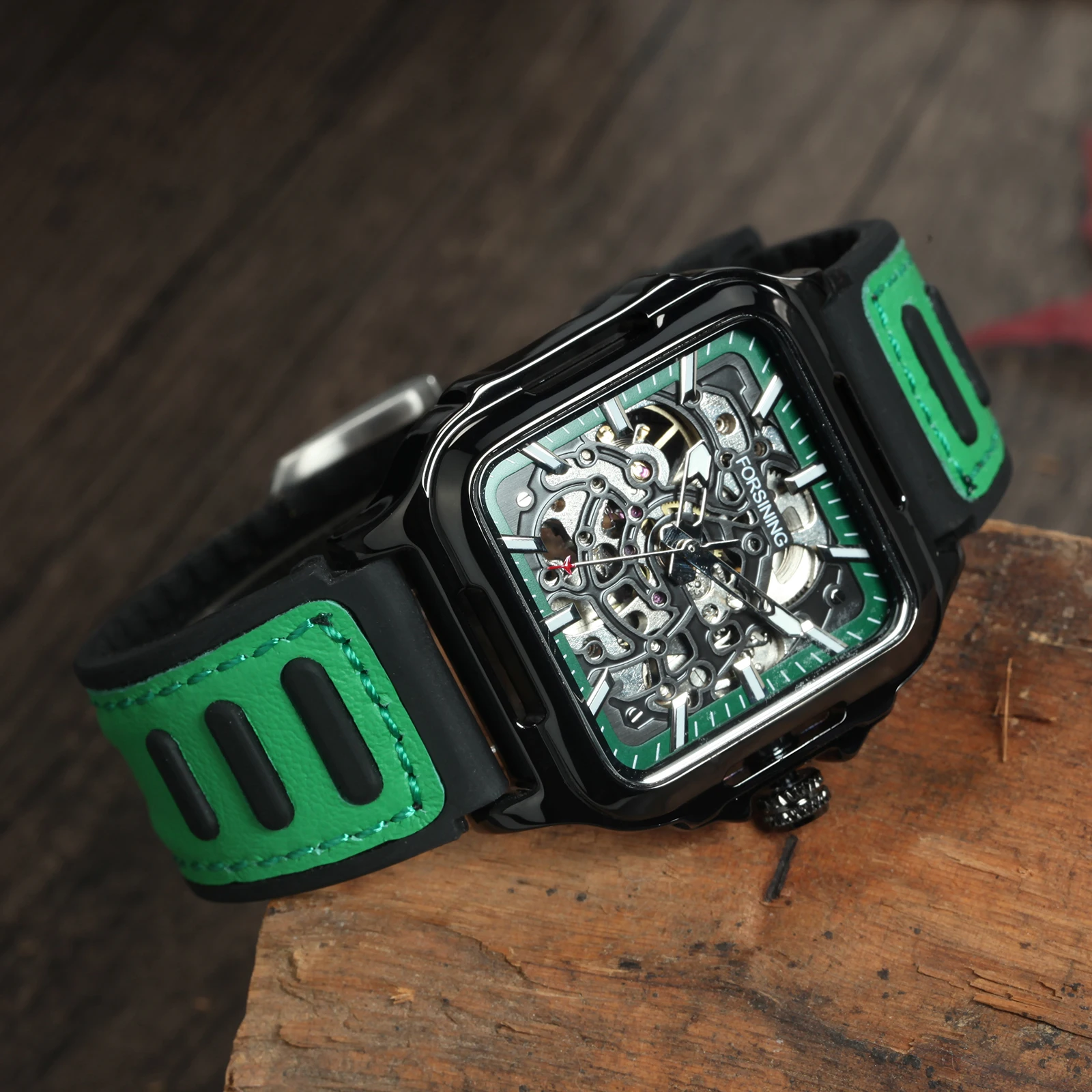 Forsining Sports Square orologio meccanico automatico per uomo moda mano luminosa nero verde cinturino in pelle di gomma orologi di lusso