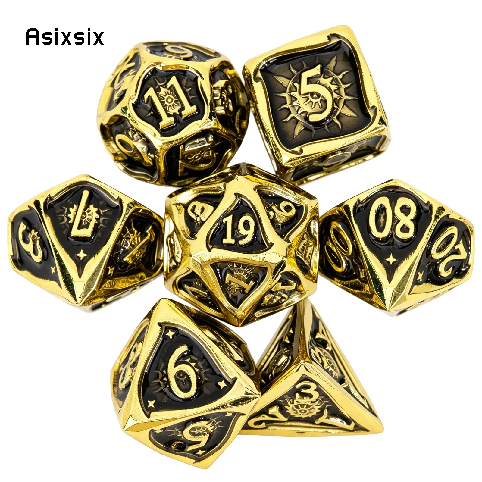7 Pcs Black Golden Sunshine Sun Metal Dice Solid Metal Perfect for Card Games Board Games for Critical Role, Rpgs, D&D Game