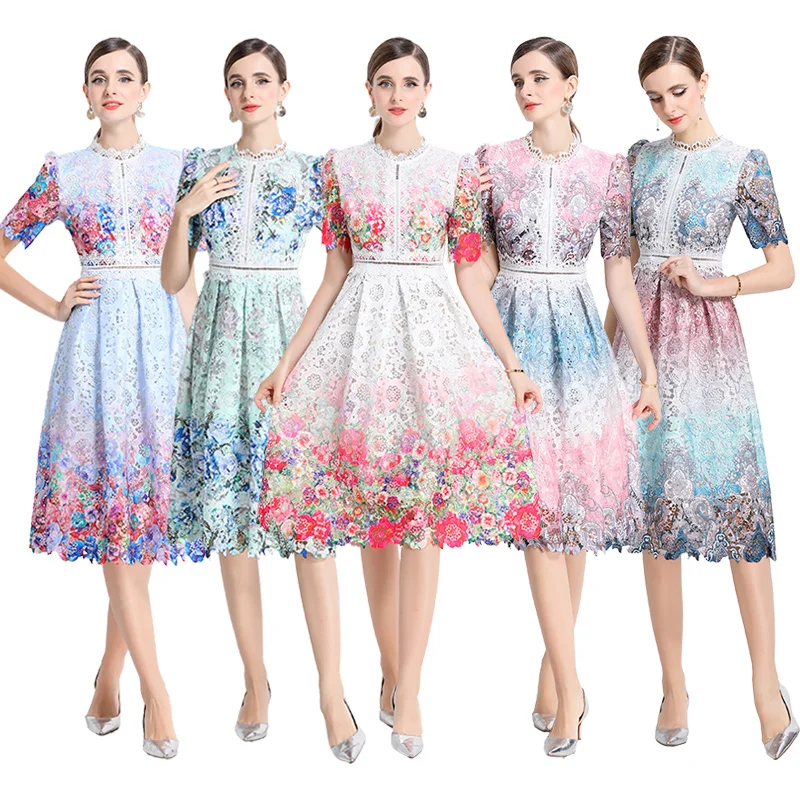 Elegantes formelles Kleid mit Ausschnitt, wasserlösliches Spitzenkleid für Damen, kleiner Stehkragen, kurze Ärmel, Blumendruck, schicke Akzente, Dress2025