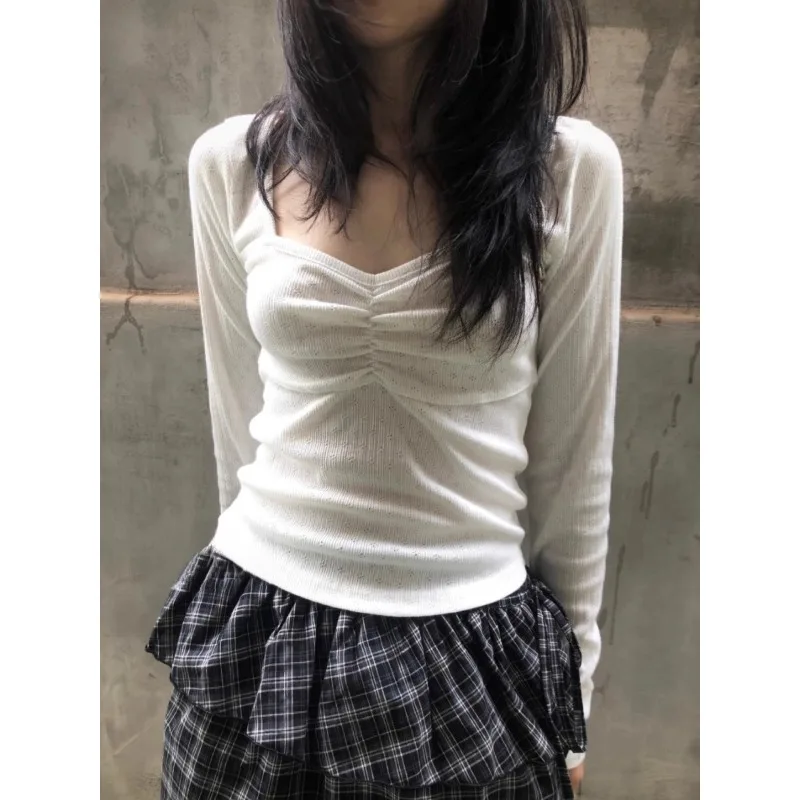 

Square Collar Pleated Slim Sexy Long-sleeved T-shirt Women 2025 Autumn New Korean Solid Color Casual All-match Crop Tops