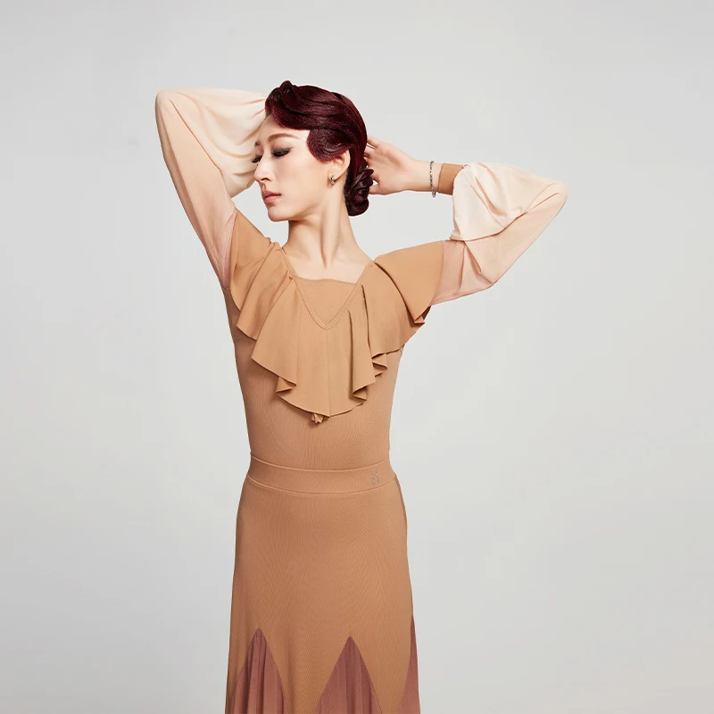 Dorośli nowoczesne stroje do tańca rękawy z marszczeniami top w stylu latynoskim długa spódnica damska walc taniec towarzyski profesjonalne sukienki SL12574