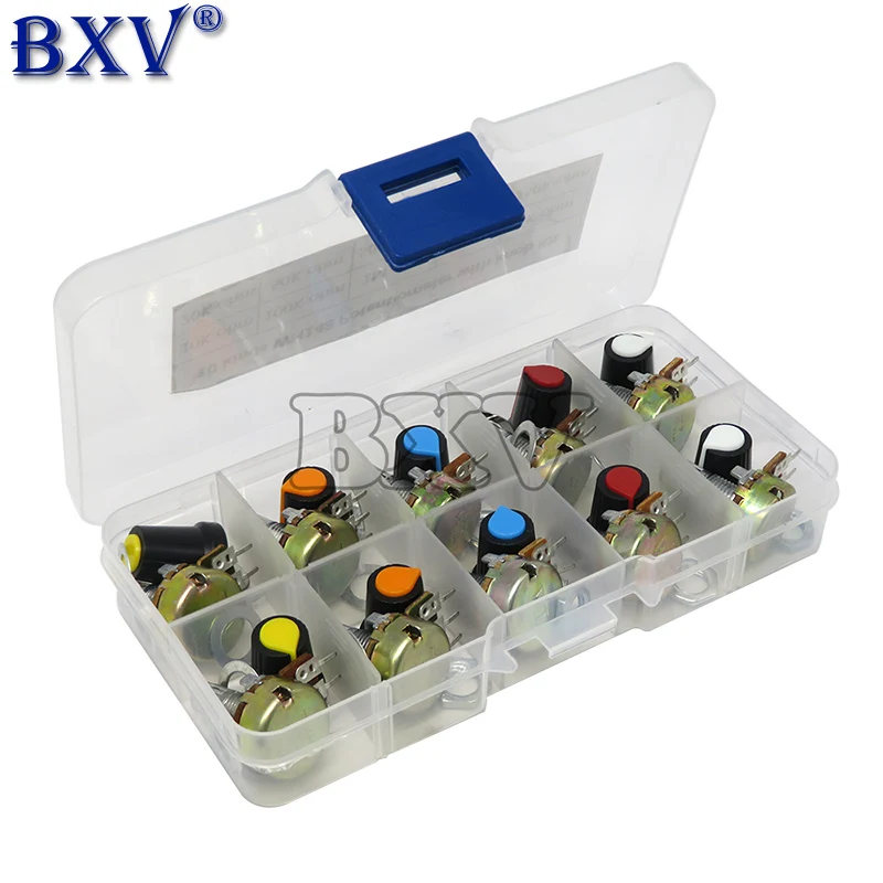 

WH148 Potentiometer KIT B1K 2K 5K 10K 20K 50K 100K 500K 1M 15mm Linear Taper Rotary Potentiometer Resistor Set 3Pin With Cap BXV