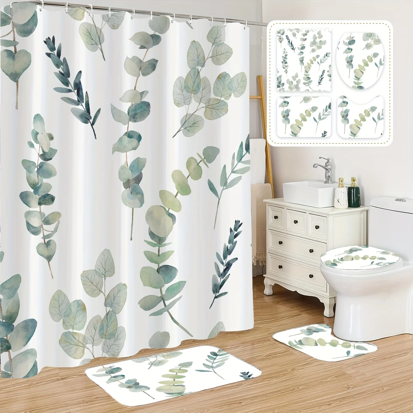 

4-х предметная ванная комната в деревенском стиле с листьями эвкалипта, набор для ванной комнаты с ковриком (коврик для ванной комнаты, U-образный коврик и коврик для унитаза)