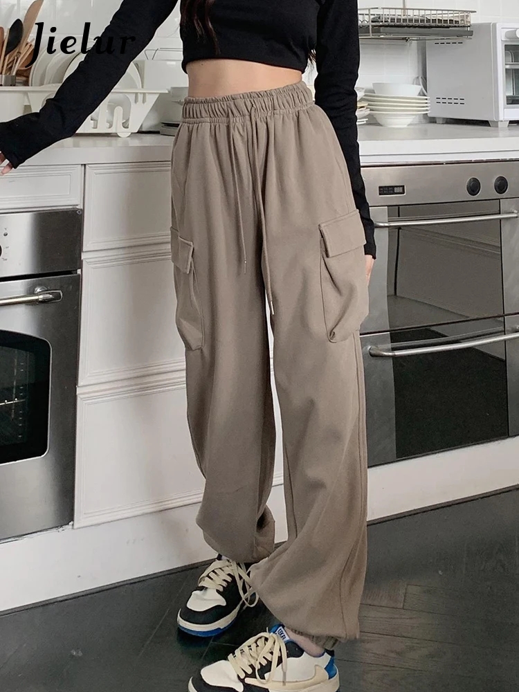 

Jielur Big Pockets Cargo Pants Women Y2k High Elastic Waist Drawstring Baggy Trousers Vintage Casual Loose Straight Pants Female