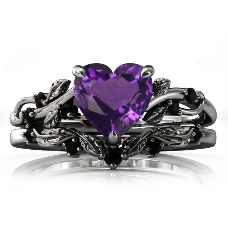 2023 New Purple Diamond Leaf Women's Ring 2-Piece Set Luxury Fashion Gothic Vintage Personalized Party Gift Y2K Jewelry