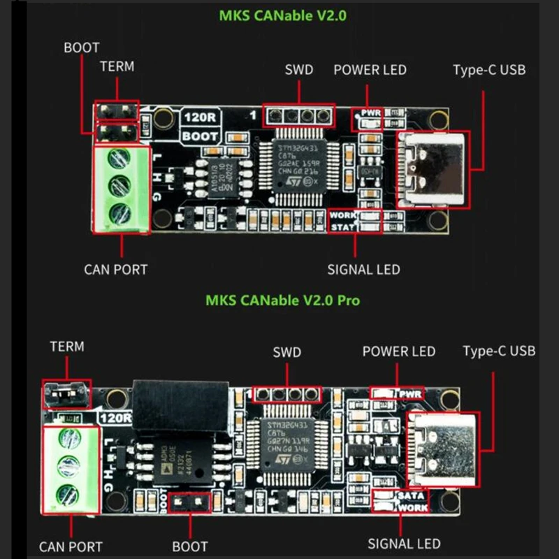 MKS CANable V2.0 S PRO Адаптер USB-CAN Анализатор CANFD Slcan SocketCAN CANdleLight Klippe с кабелем