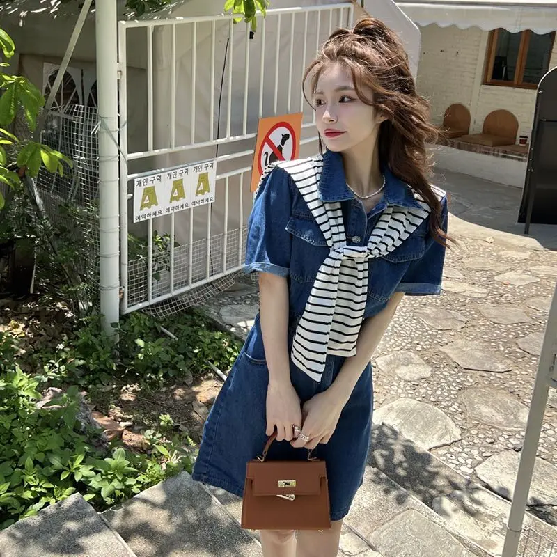 Women's Denim Dress Summer Korean Version 2024 New Design Sense Cool and Cute Waist Shrink Thin Short Sleeve Skirt