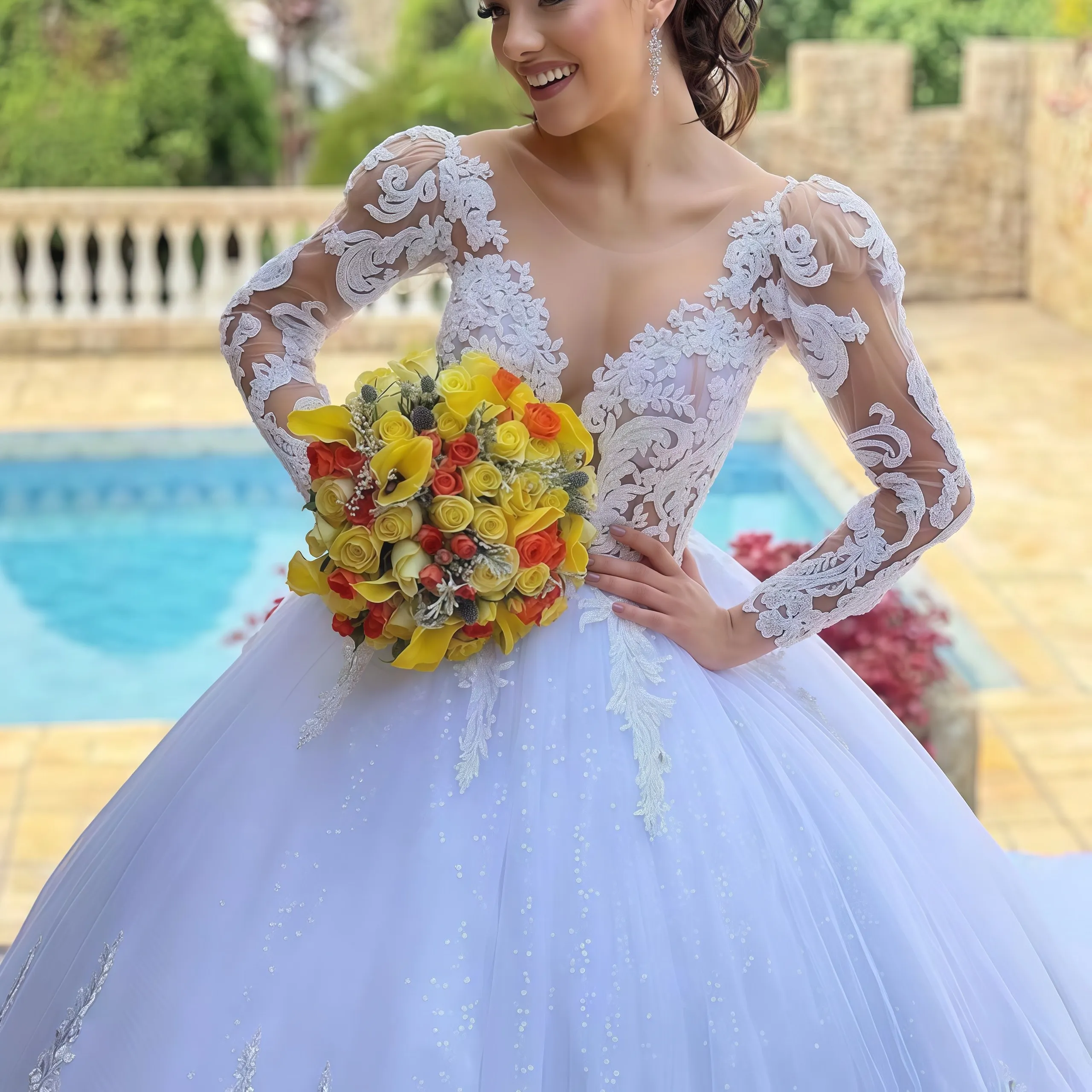 Personalizzato squisito bianco O-Collo Appliques Abito da sposa 2026 Abito da ballo Lunghezza pavimento Sweep Train Maniche lunghe Tulle Lace Up