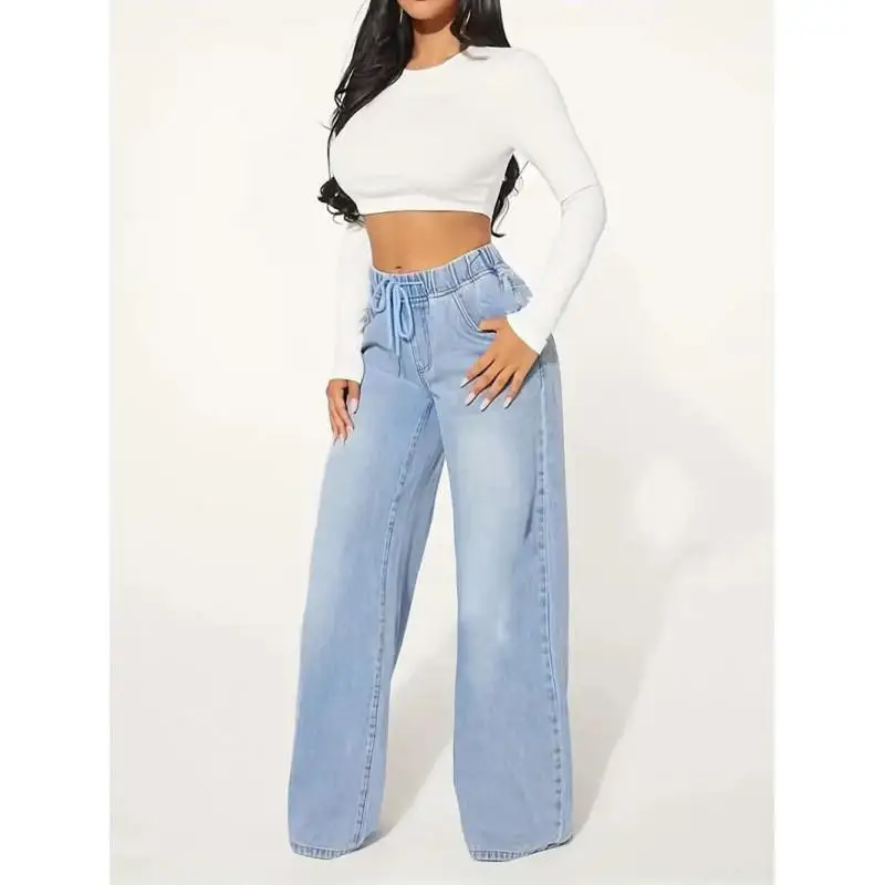 

High Waist Drawstring Loose Wide Leg Pants Women's Casual Loose Fit High Waist Corduroy Trousers Comfortable Breathable Jeans