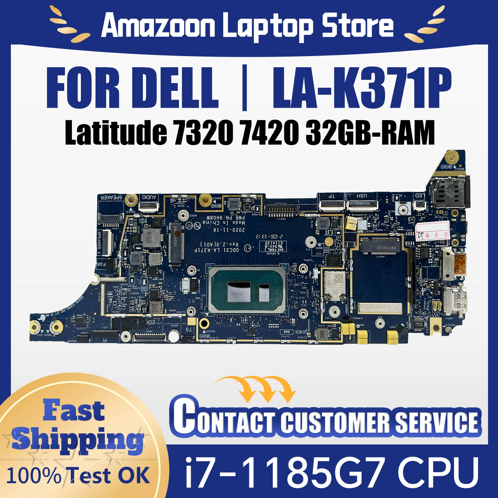 For Dell Latitude 7320 7420 Mainboard Laptop LA-K371P 0YWWPP 0XNWXV 0PKK8F 0KND83 With i7-1185G7 CPU Laptop Motherboard