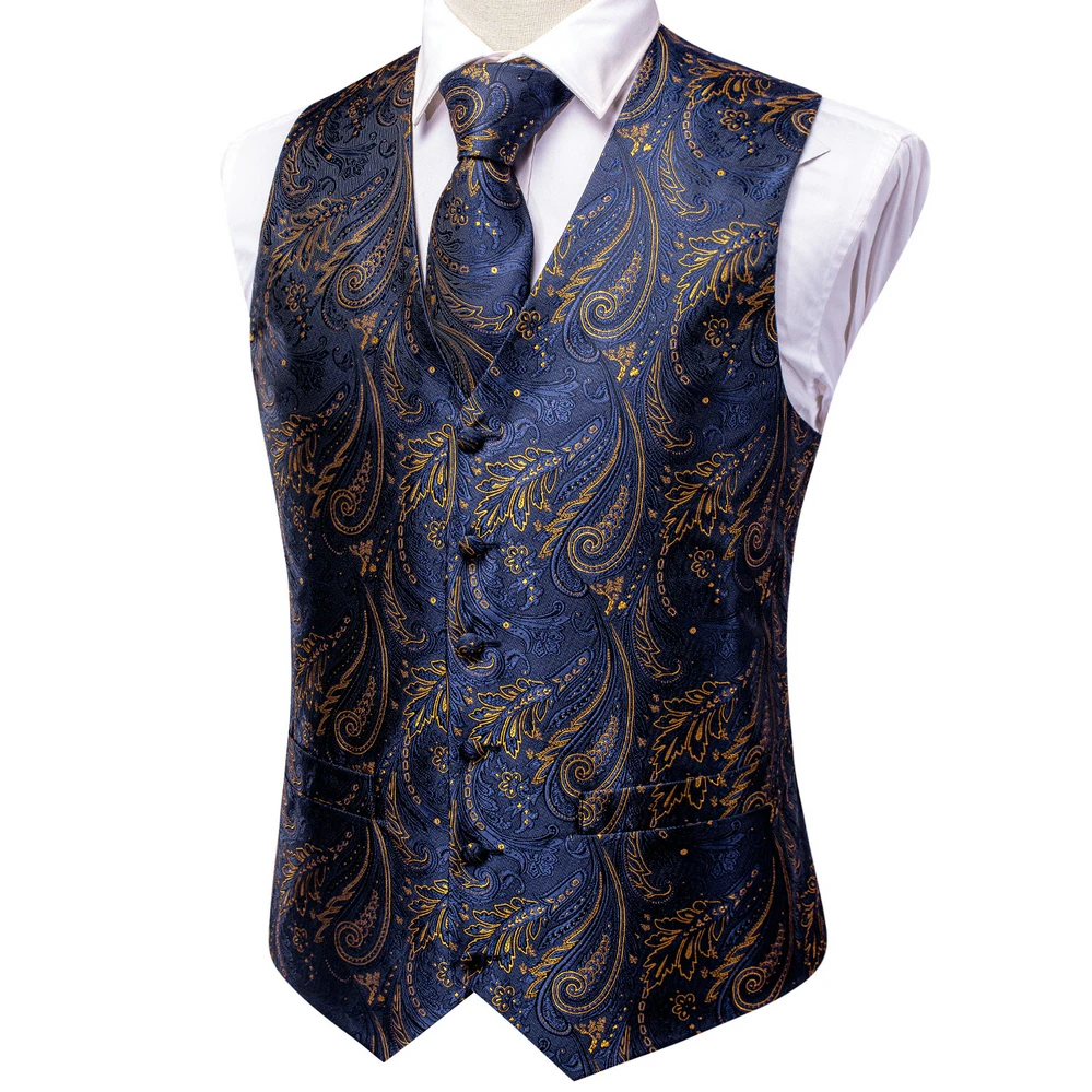 Hi-Tie Fashion Mens Wedding Waistcoat Necktie Hanky Cufflinks Vest Set  for Business Party