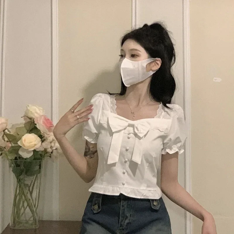 Elegant Square Collar Puff Short Sleeve Shirt Women Korean Fashion Slim Chic Ruffles Blouse Patchwork Bow All Match Tops Summer