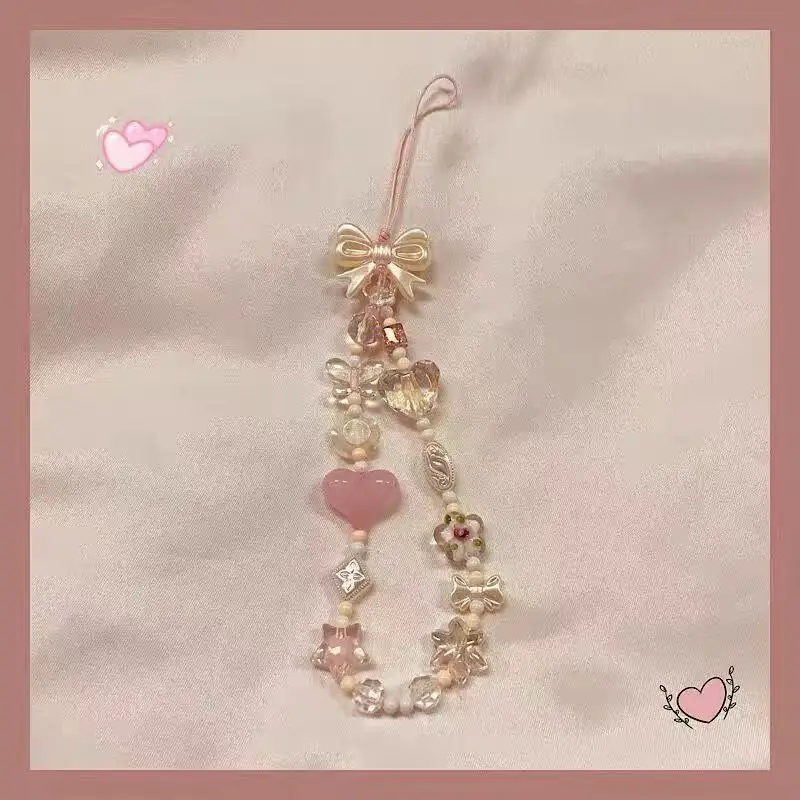 Sweet Girl Pink White Bow Heart Phone Charm, Beaded Butterfly Flower Pendant, Kawaii Anti-lost Strap for Phone & Bag