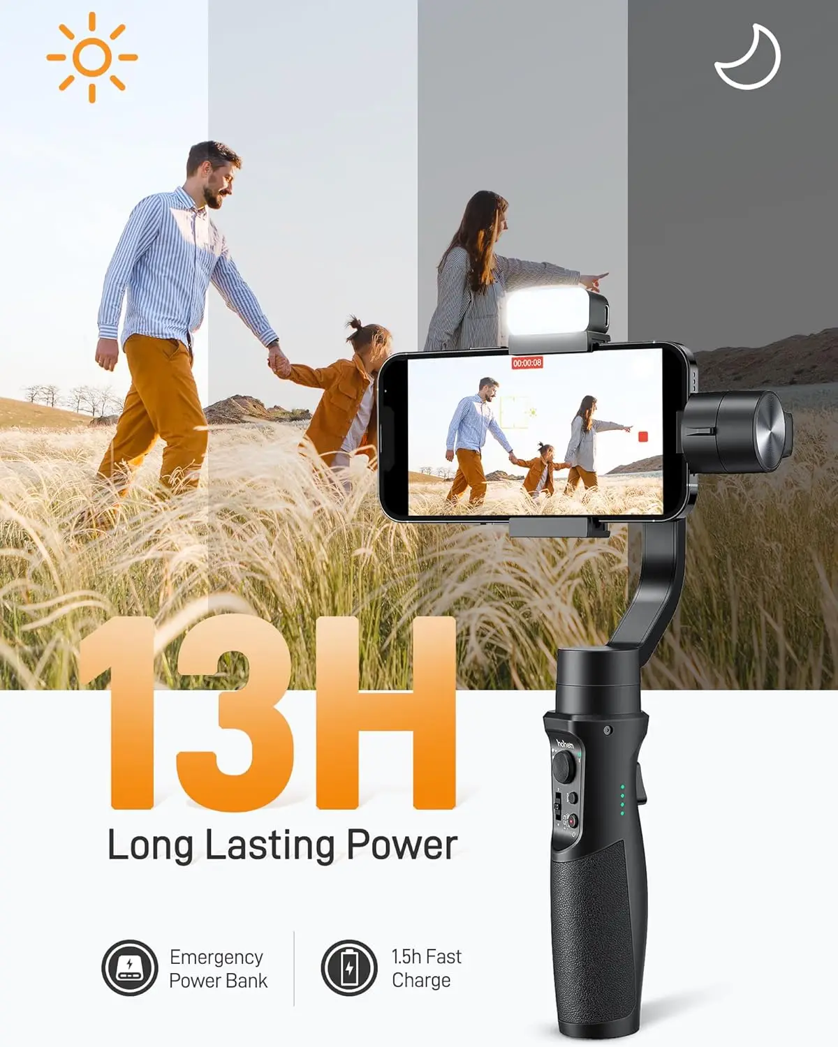 3-Axis Phone Gimbal Stabilizer with Fill Light, Ultra-Wide-Angle Mode, 600° Rotation, Vlog Stabilizer for Android & iPhone 15/14/13 Pro Max, Smartphone Gimbal Kit view 6