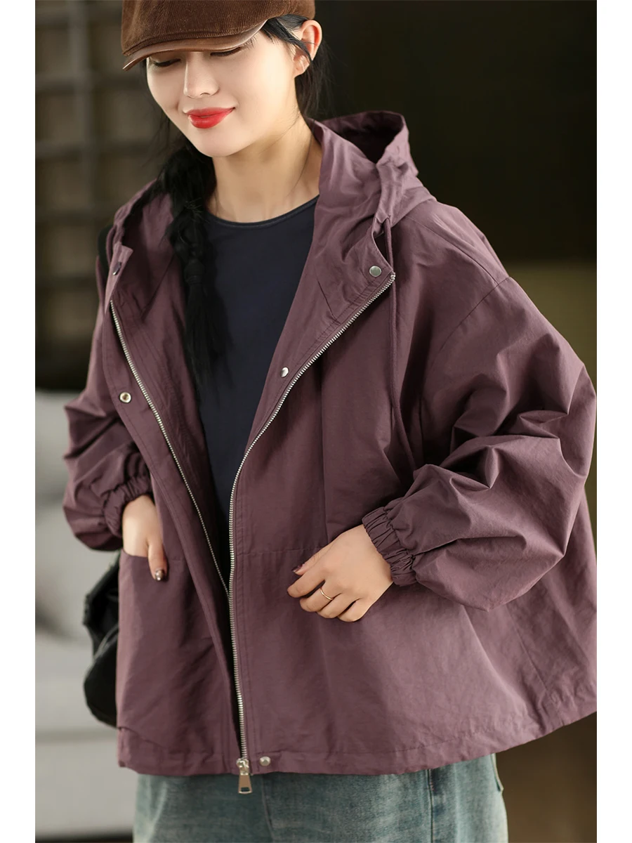 

Casual Cotton-Polyester Hooded Jaet Women's Spring Outerwear Loose Fit Long Sve Zipper Closure Dstring Bot