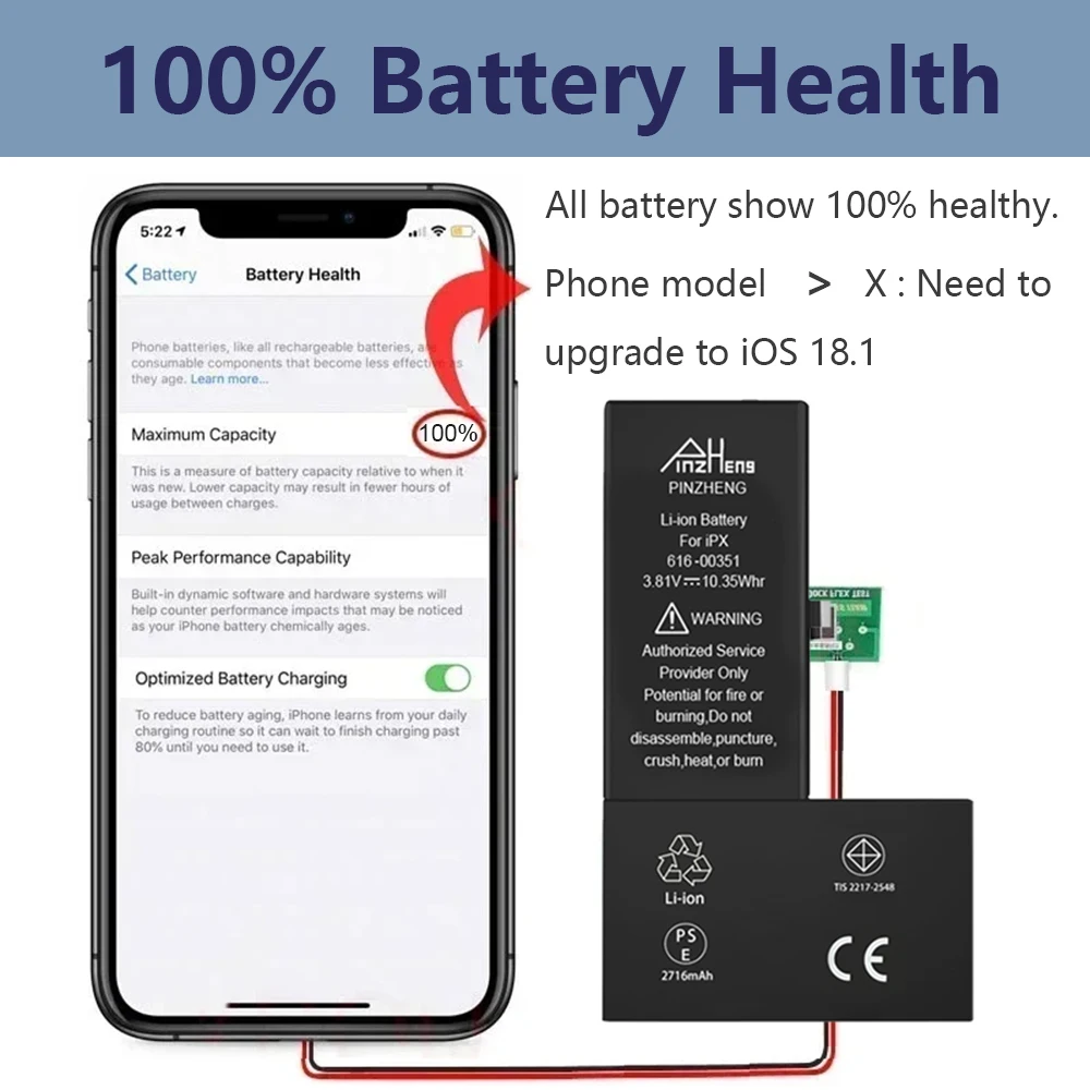 PINZHENG Real High Capacity Battery For iPhone X XR XS 11 12 13 Mini Pro Max Promax Replacement Bateria Warranty One Year