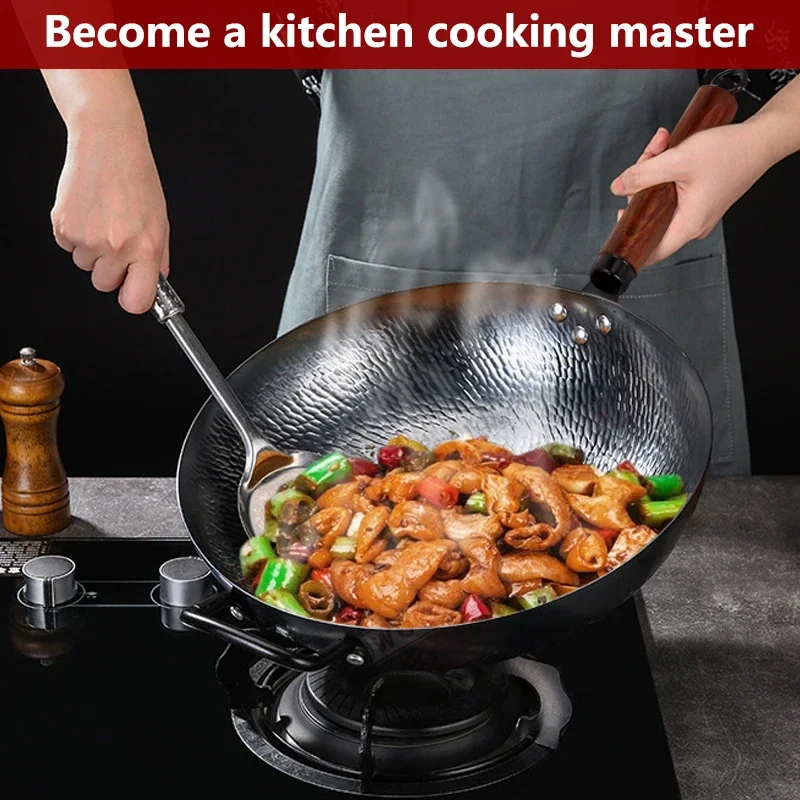 

Сковорода-вок с деревянной крышкой, из кованой углеродистой стали, без химического покрытия, для индукционных, электрических, газовых и всех типов плит