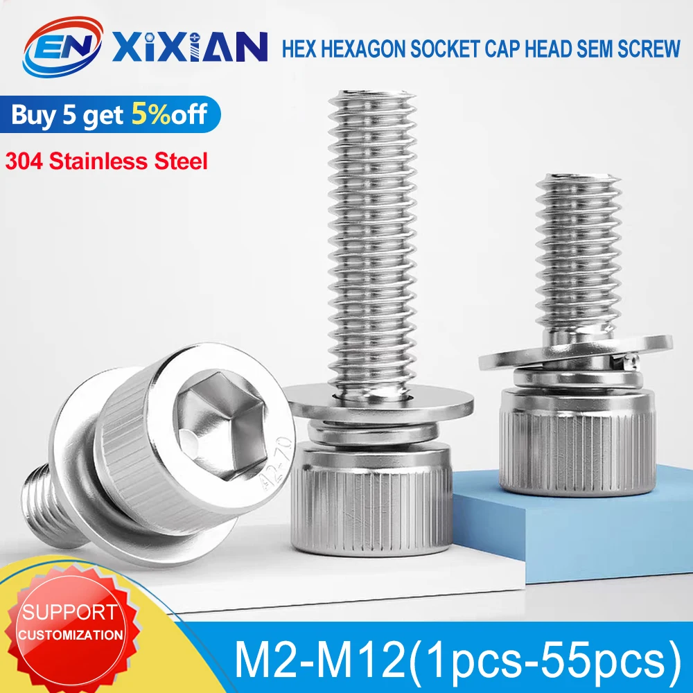 Vis à tête hexagonale hexagonale avec joint à ressort, assemblage de boulon en acier inoxydable M2 M2.5 M3 M4 M5 M6 M8 M10 M12