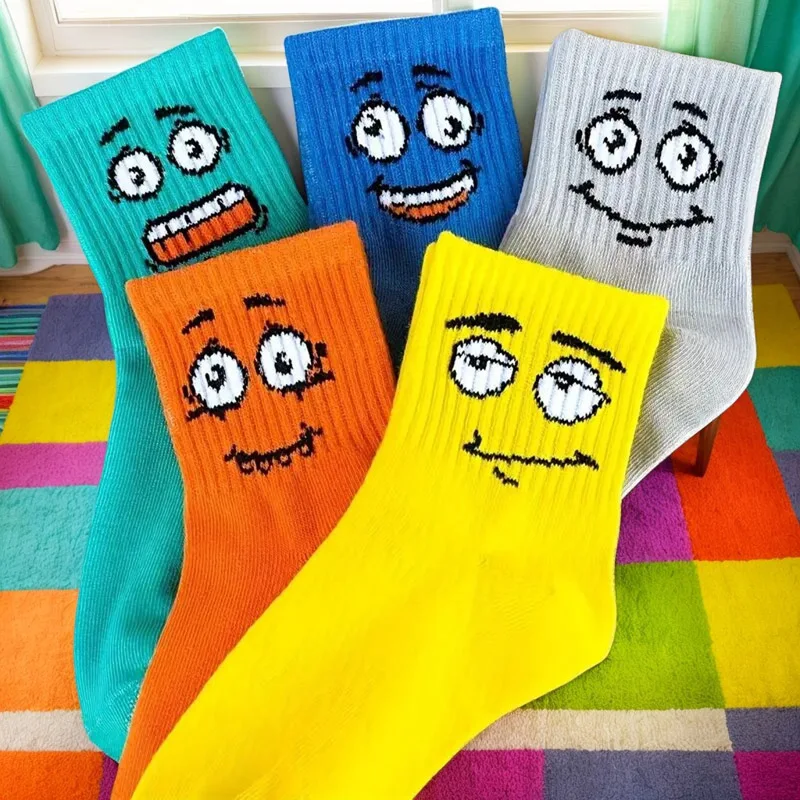 

5 Pairs Kids Socks Funny Emoticons Face Pattern Comfortable Breathable Ankle Socks For Boys And Girls