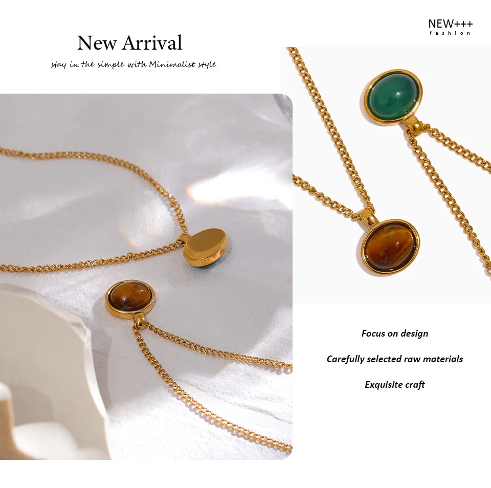 Yhpup Green Agate Tiger Stone Pendant Necklace for Women 316L Stainless Steel Gold Color Chain Collar Fashion Charm Jewelry