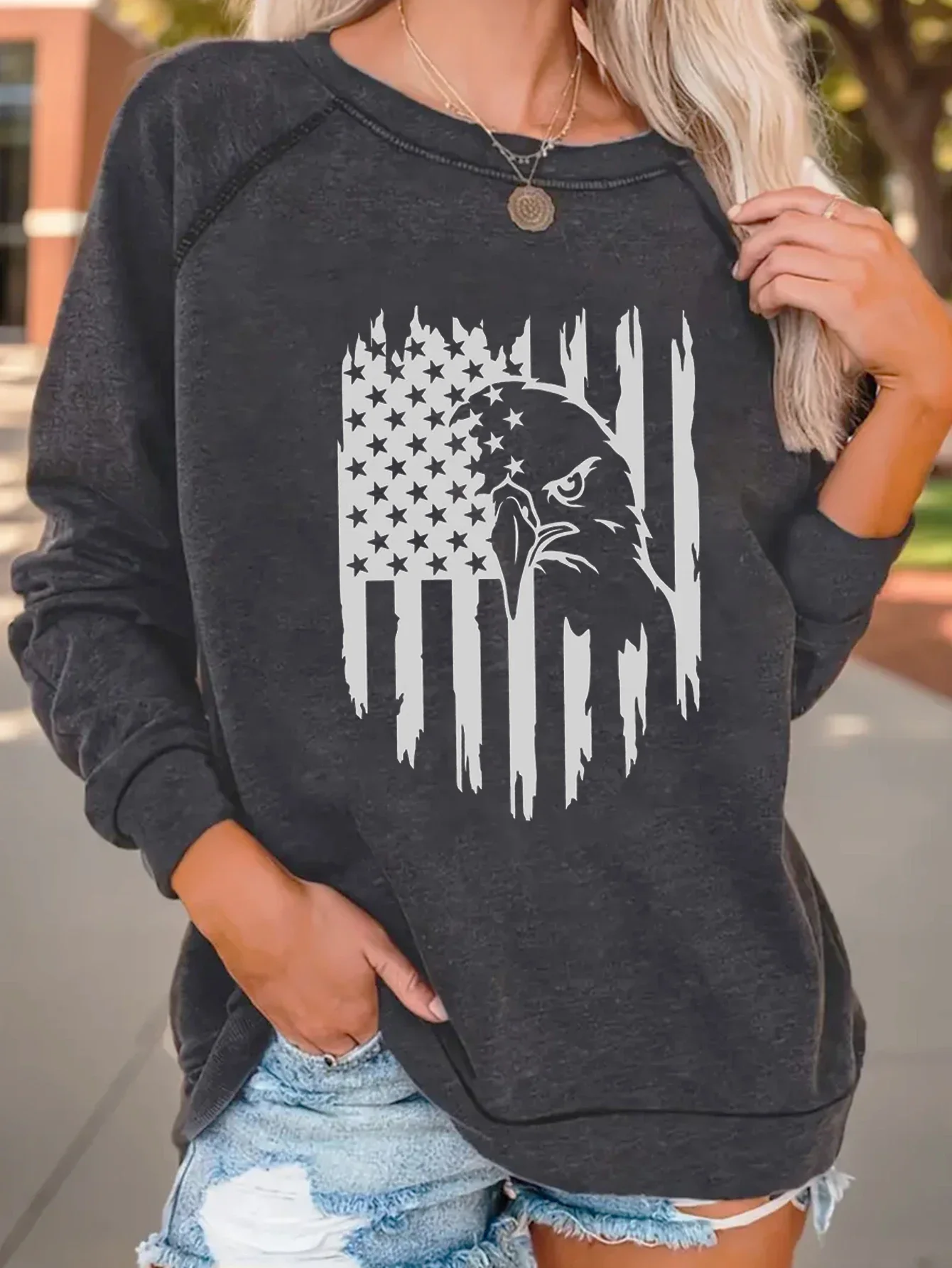 

American Flag Eagle Print Sweatshirt Casual Crew Neck Raglan Long Sleeve Sweatshirt Fall and Spring Womenswear