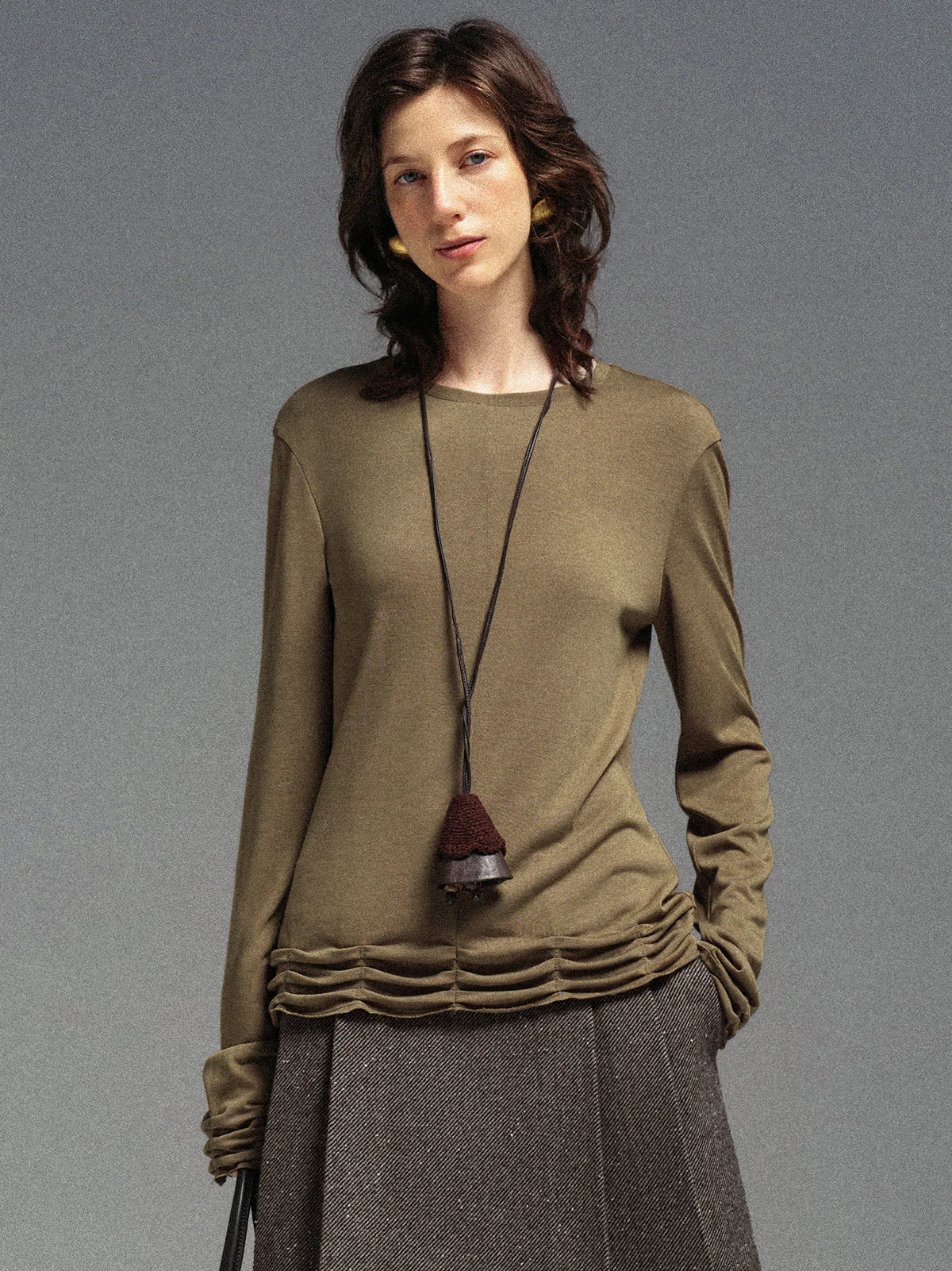 

Flowresays Wool Lyocell Blend Pleated Base irt T-irt Women's Slim Fit Casual Sle round Ne Garment