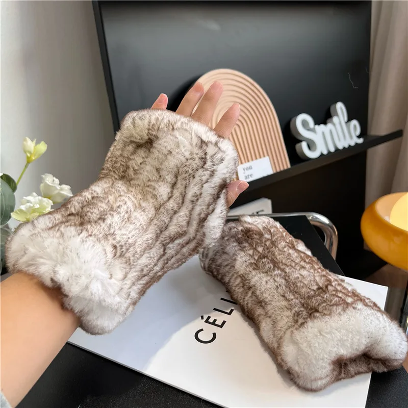 New Arrival Female Natural Rabbit Fur Gloves Knitted Warm Real Rex Rabbit Fur Mittens Women Winter Outdoor Rex Rabbit Fur Gloves