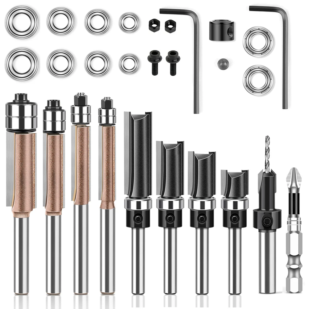 30 Sets Bearing Straight Router Bit Double Shaft Repair Edge Cutter Countersink Drill Head Slotting Milling Cutter