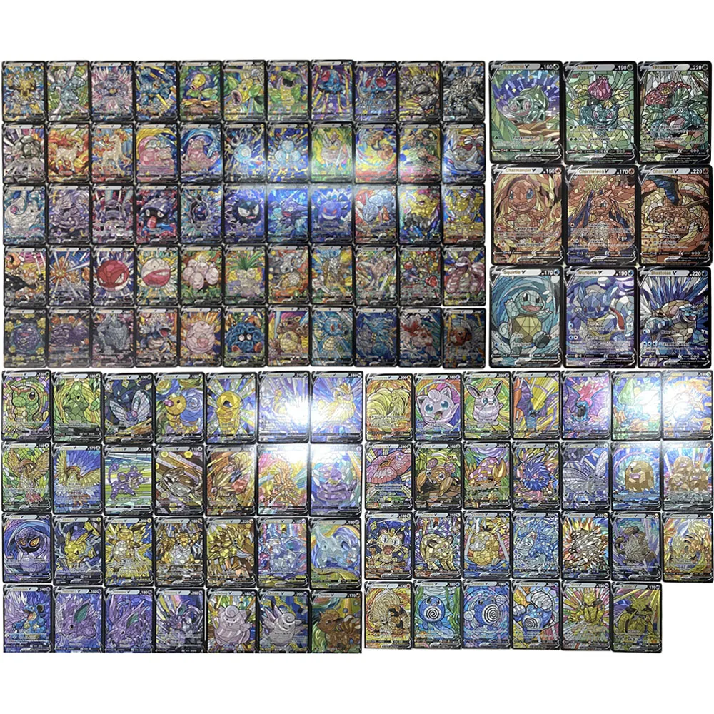 

55PCS PTCG Coarse Flashing Hot Stamping Cards Charizard Squirtle Bulbasaur DIY Gift Toy Anime Collection Cards