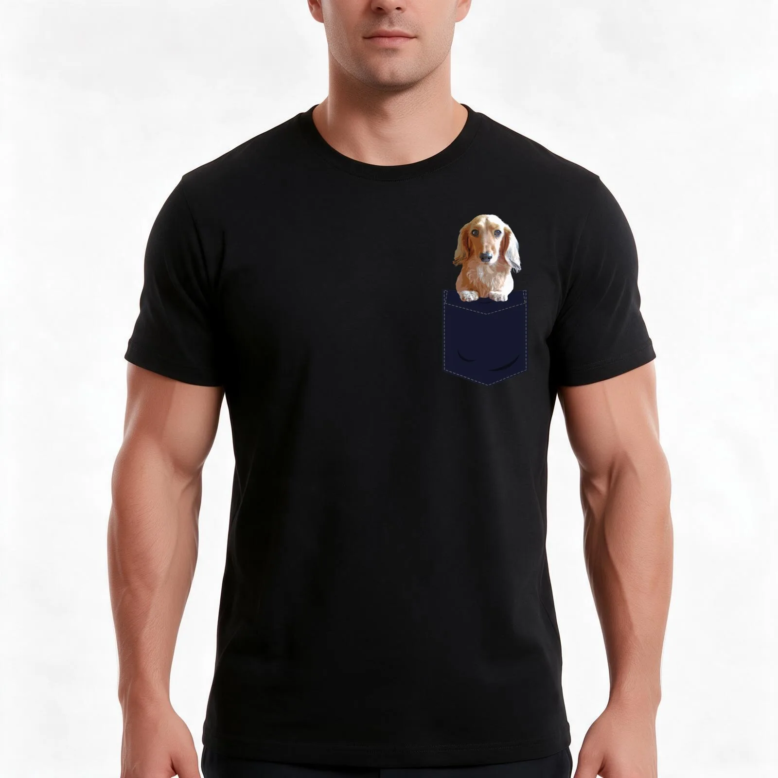 Long Hair Dachshund in Pocket T-Shirt, Summer Casual Cotton Tee, Oversized Streetwear Tops, Vintage Graphic Print, 100% Cotton