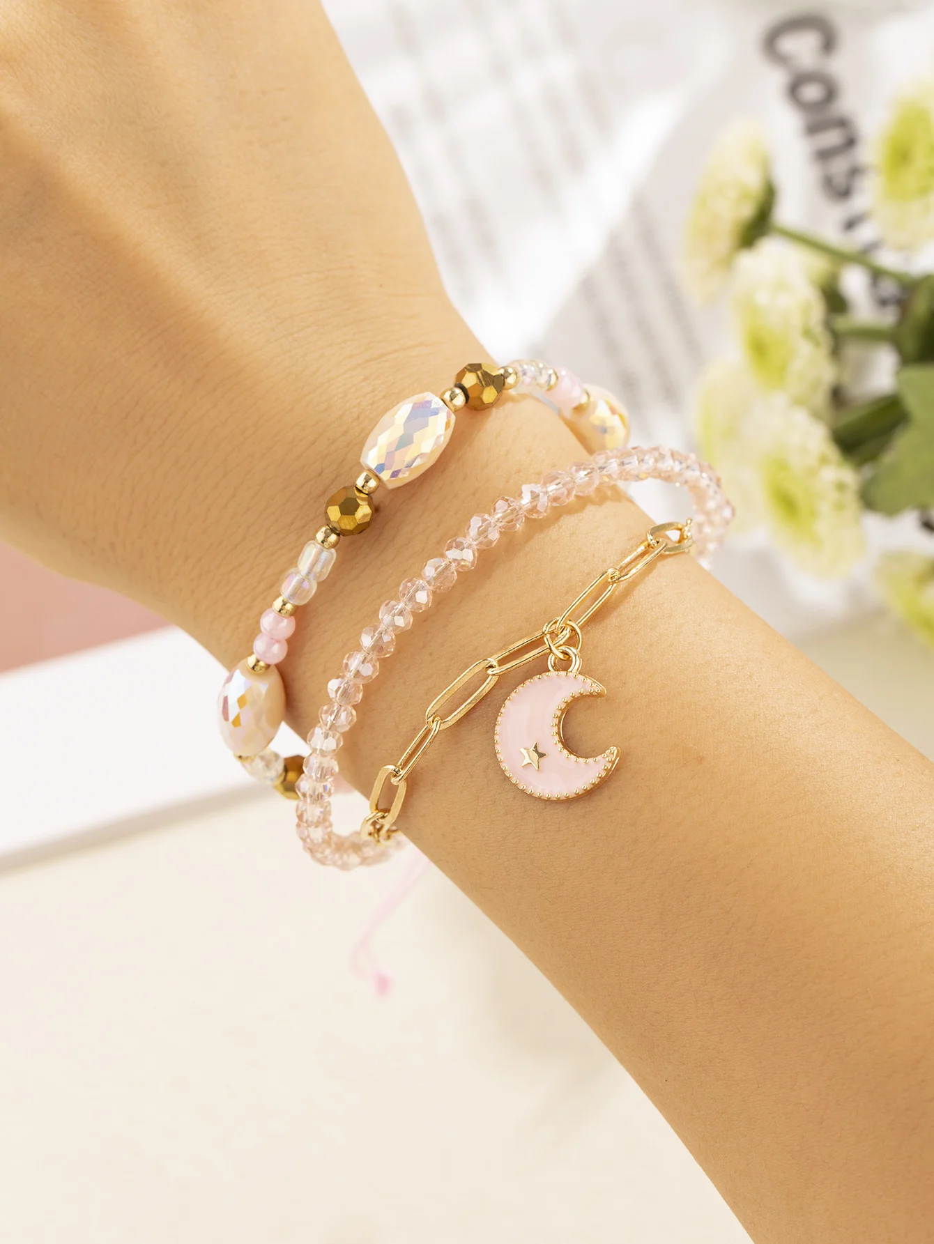 Light Pink Crystal Beads Alloy Moon Pendent Lace-Up  Bracelet