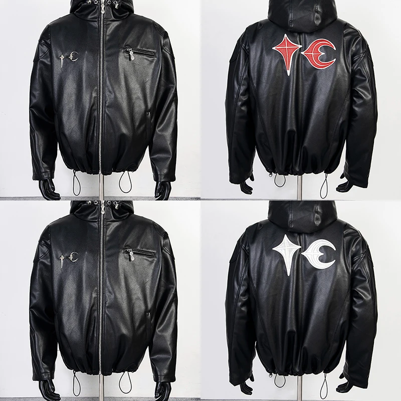 

Thug Club Leather Jacket TC Metal Logo Heavyweight Embroidery Hoodie Warm Padded Jacket Outerwear Male
