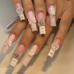 24pcs Artifical Bails With Glue Fake Nail Tips With Design Detachable Press On Nails Long Fake Nail Finished Nail Piece Sticker
