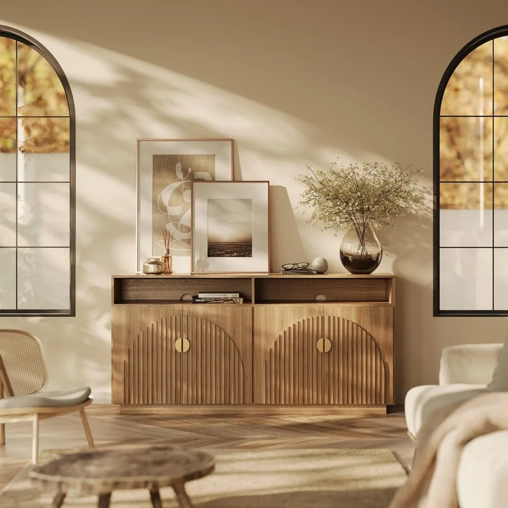 

65 Inch Fluted TV Stand, Mid Century Modern Entertainment Center with Storage Cabinets & Open Shelves, Media Console TV