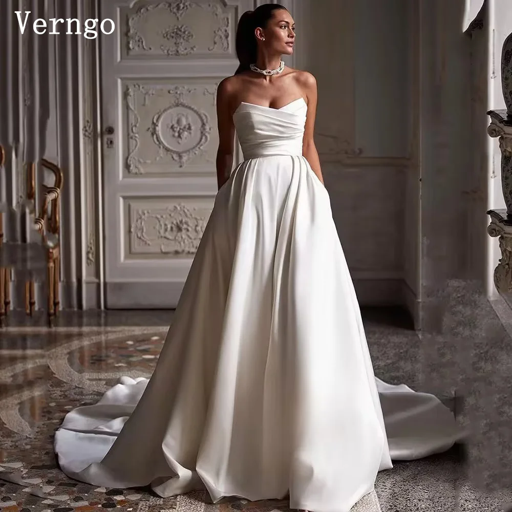 

Verngo Church Simple Wedding Dress Strapless A Linme Bridal Gowns Women Swwetheart Pleated Bride Dress Customized