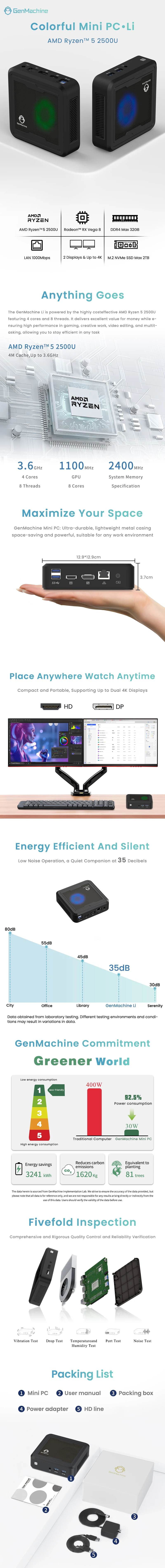 Mini Pc Gaming Mini PC DDR4 RAM WiFi 5 BT5.2 Compact & Ideal Pc Gamer Genmachine Mini PC Windows 11 AMD Ryzen™ 5 2500U 2.0-3.6G