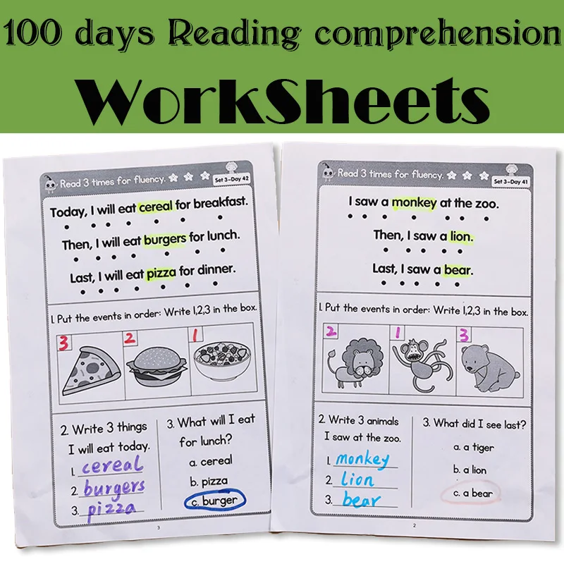 100 Days Reading Comprehension Exercise Paper Practice Preschool Learning English Homework Workbook for Kids Worksheets Toy