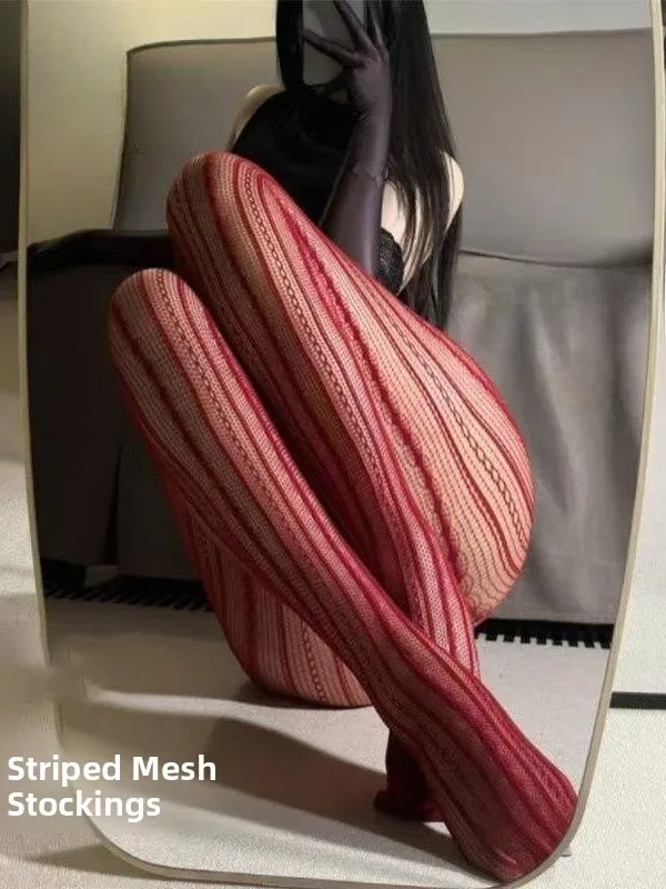 plus Size Lace Hollow Vertical Net Stockings Women Sexy Pure Desire Long Pants Commute Style High Waist Regular Thickness - view 2