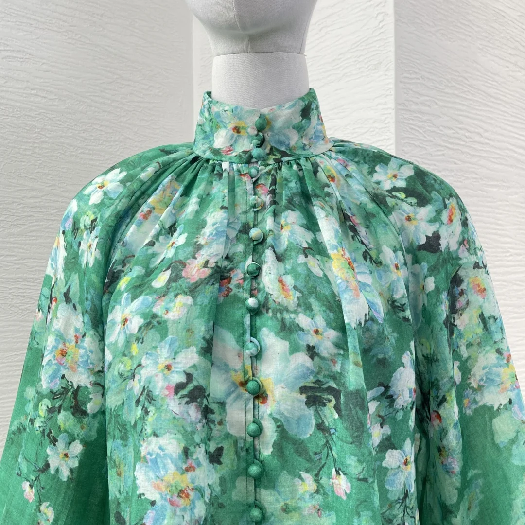 2025 outono novo ramie verde branco estampa floral manga comprida blusa em cascata tops saia para mulheres