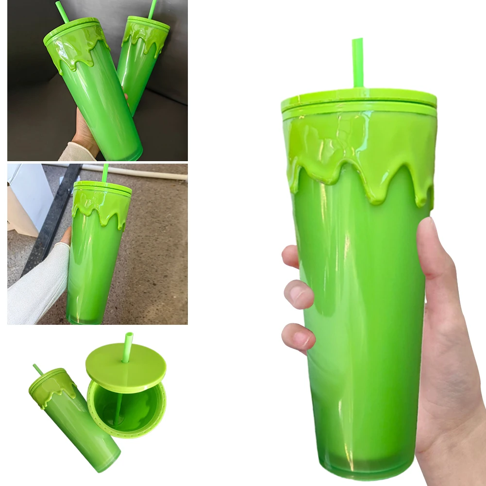 24oz/710ml Lava Halloween Theme Plastic Cup with Straw&Lid Slime Green Glow In The Dark Tumbler Cup Working Commuting/Car Cup