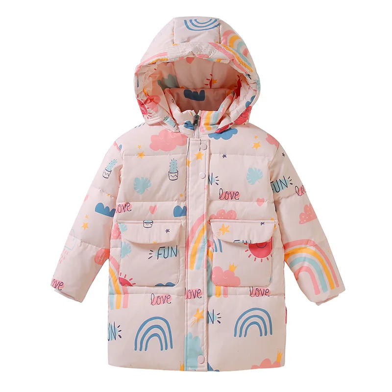 2024 Korean Winter Girl Down Jacket Graffiti Waterproof Wash-free Hooded Girl Outerwear Coat 3-10 Years Kids Girls Parka Outfit