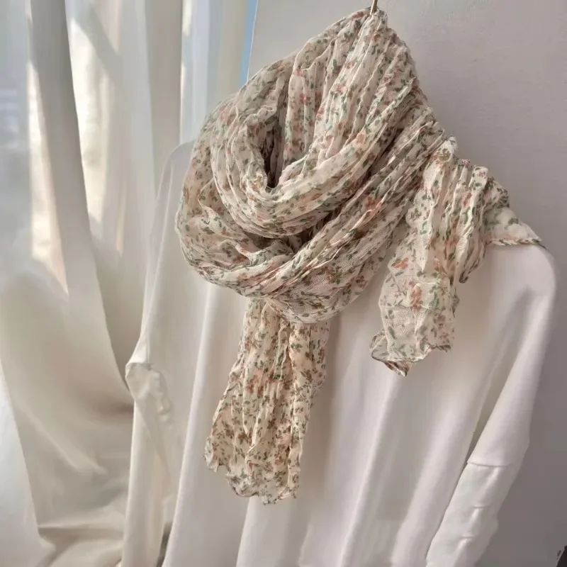Floral Retro Korean Version Imitation Cotton and Linen Scarf New Sunscreen Scarf Pleated Thin Floral Printed Shawl Outer Cover